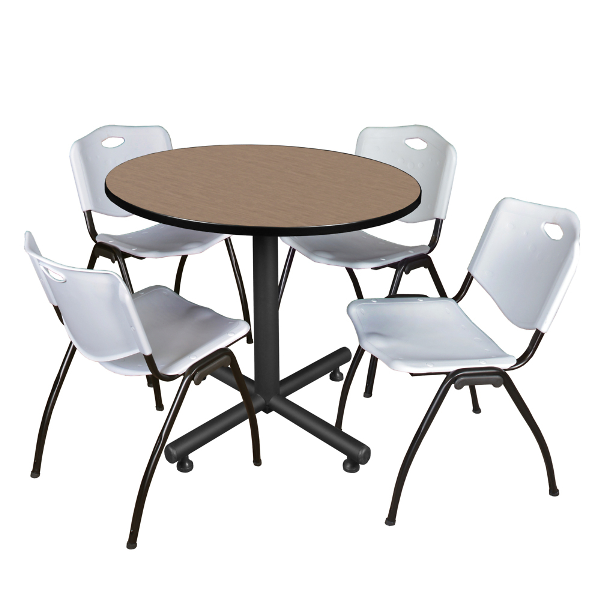 Regency Furniture Kobe Round Breakroom Table with 4 'M' Stack Chairs — 42in. Noble Oak/Neo Walnut, Grey, Model# TKB42RNDNO47GY